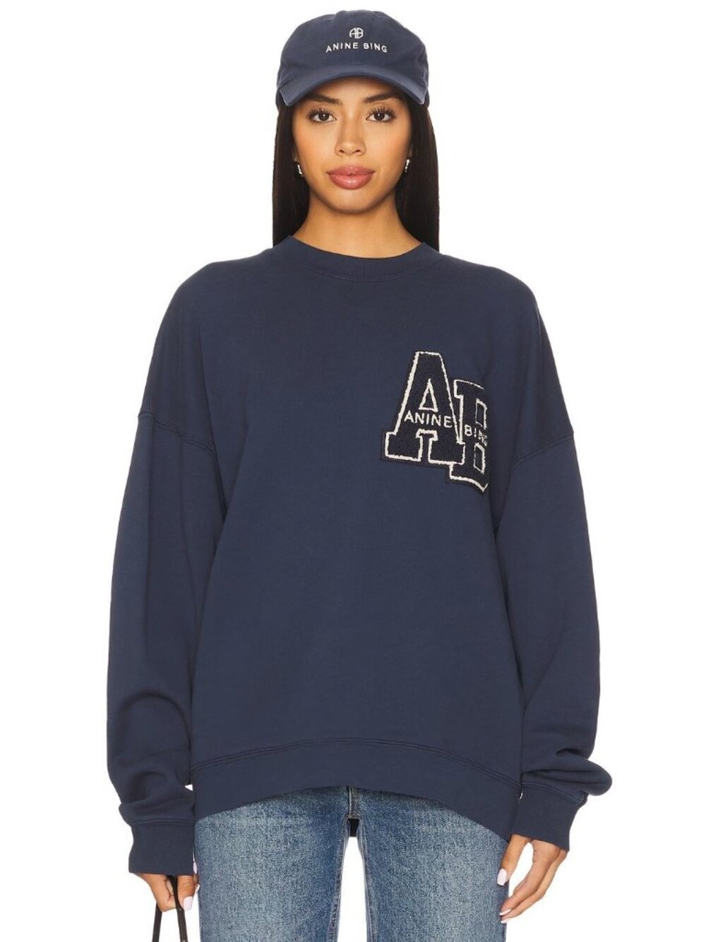 Anine Bing Miles Oversized Letterman Sweatshirt in Navy Blue Medium Womens